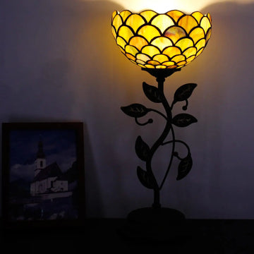 WERFACTORY Small Tiffany Table Lamp 8" Stained Glass Fish Scales Style Shade 19" Tall Antique Vintage Metal Leaf Base Mini Bedside Accent Desk Torchiere Uplight